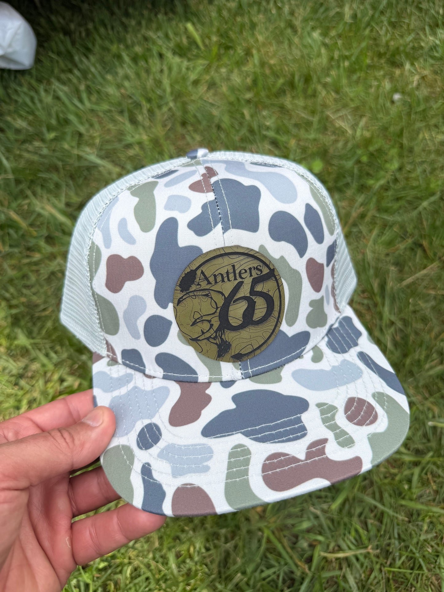 Old School Camo/Gray hat w/ Olive Antlers 365 Logo Patch
