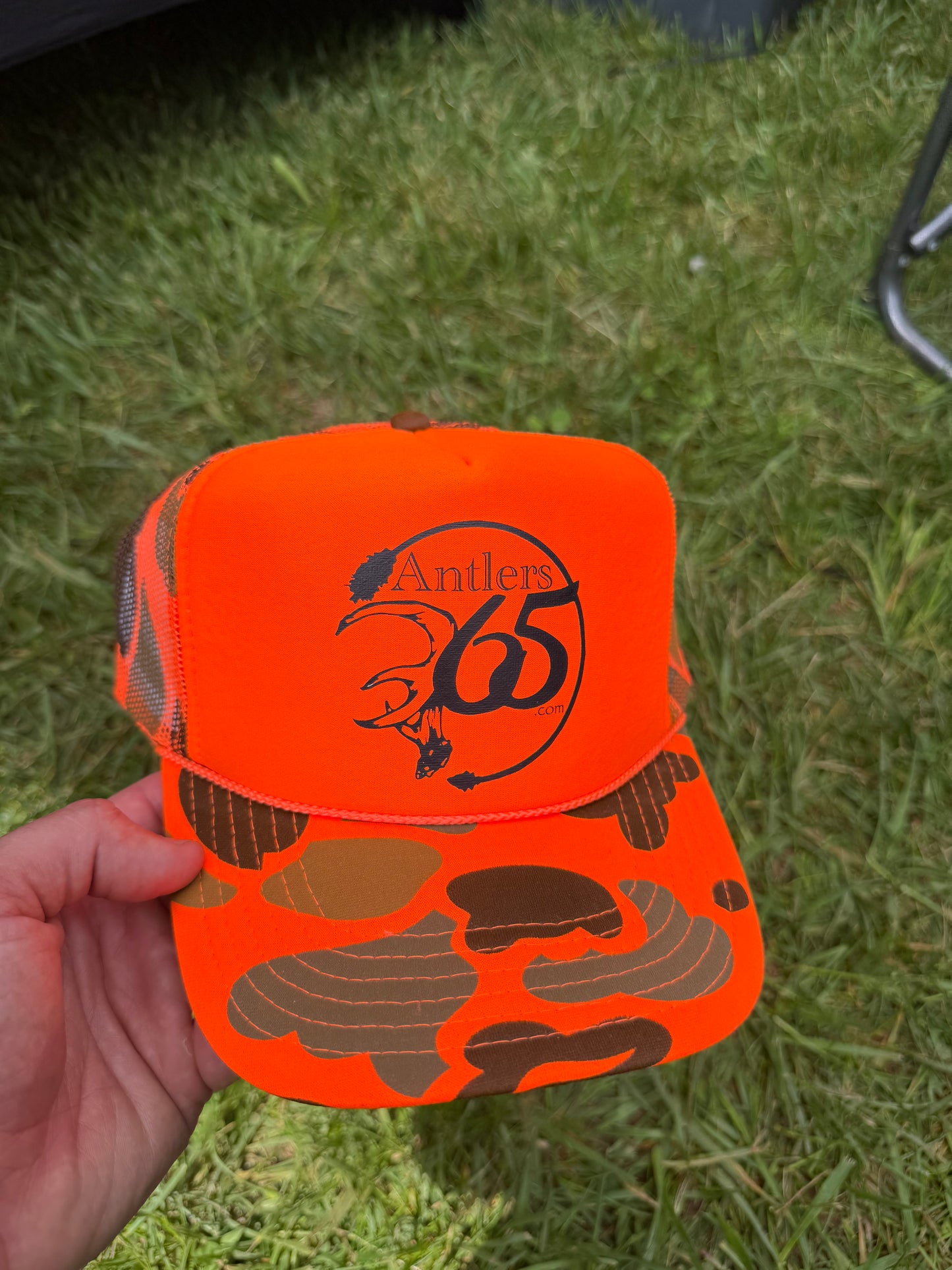 Foamy OG Hunters Orange Camo Rope Hat  w/ Black Antlers 365 logo