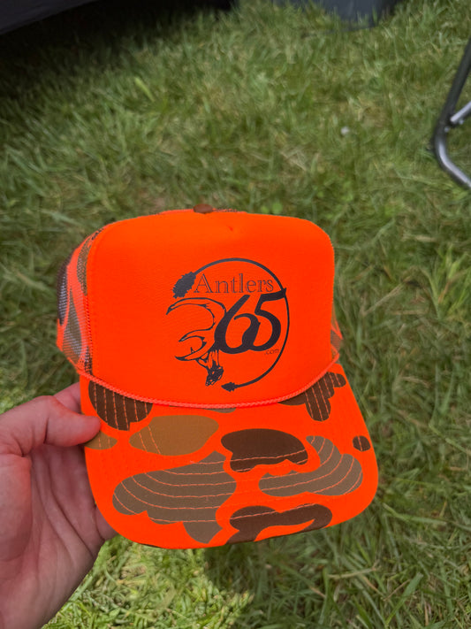 Foamy OG Hunters Orange Camo Rope Hat  w/ Black Antlers 365 logo