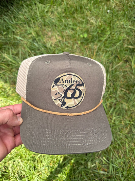 Olive Green/Tan Rope hat w/ Antlers Old School Camo Logo patch