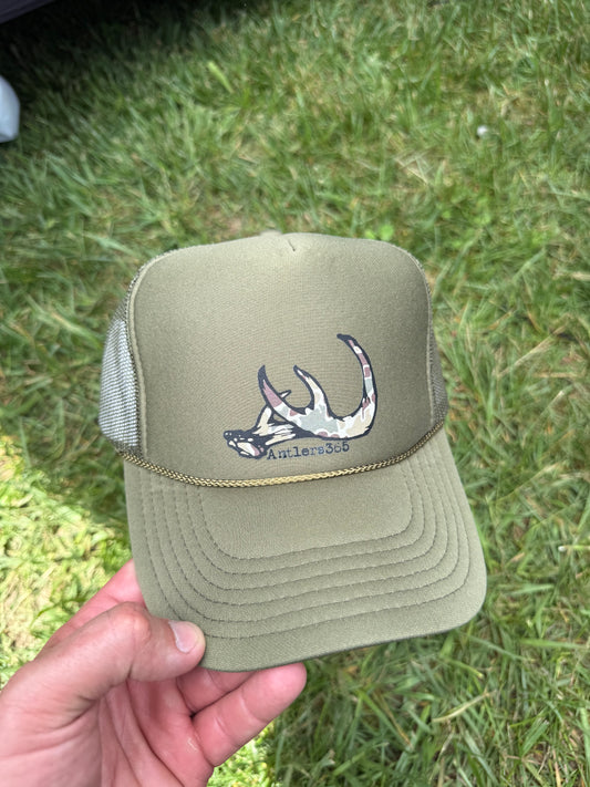 Foamy Olive Green Rope Hat  w/ Old school Camo Antler logo