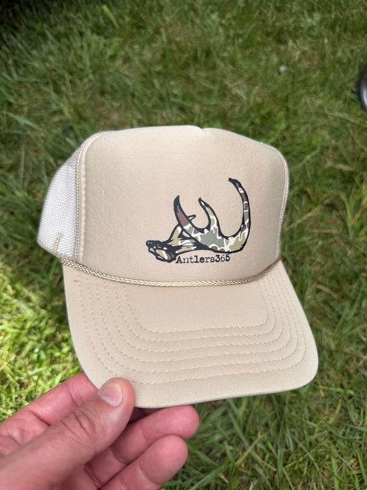 Foamy Tan Rope Hat  w/ Old school Camo Antler logo